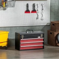 DURHAND Cassetta Porta Attrezzi in Acciaio con 3 Cassetti e Vassoio Superiore, 51x22x32 cm, Rosso e Nero