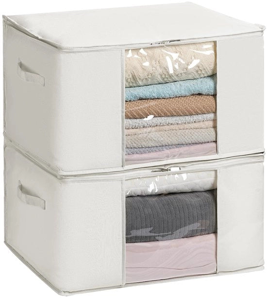 Borsa di stoffa di cotone con cerniera e finestra trasparente per abbigliamento e lenzuola stagionali, 60x40x35 cm, confezione da 2, beige