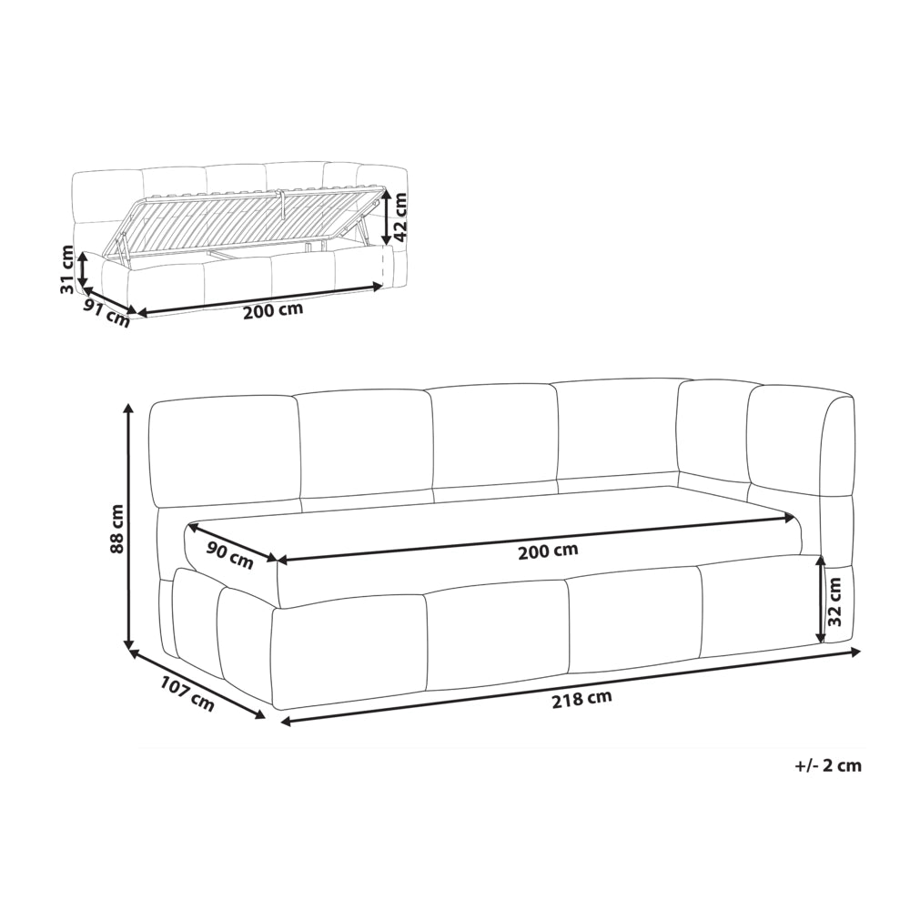 Divano letto imbottita in tessuto rosa lato destro 90x200 cm con pouf contenitore a forma di L