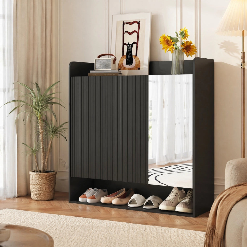Scarpiera nera con specchio a figura intera e ripiani regolabili 110x35;5x110 cm