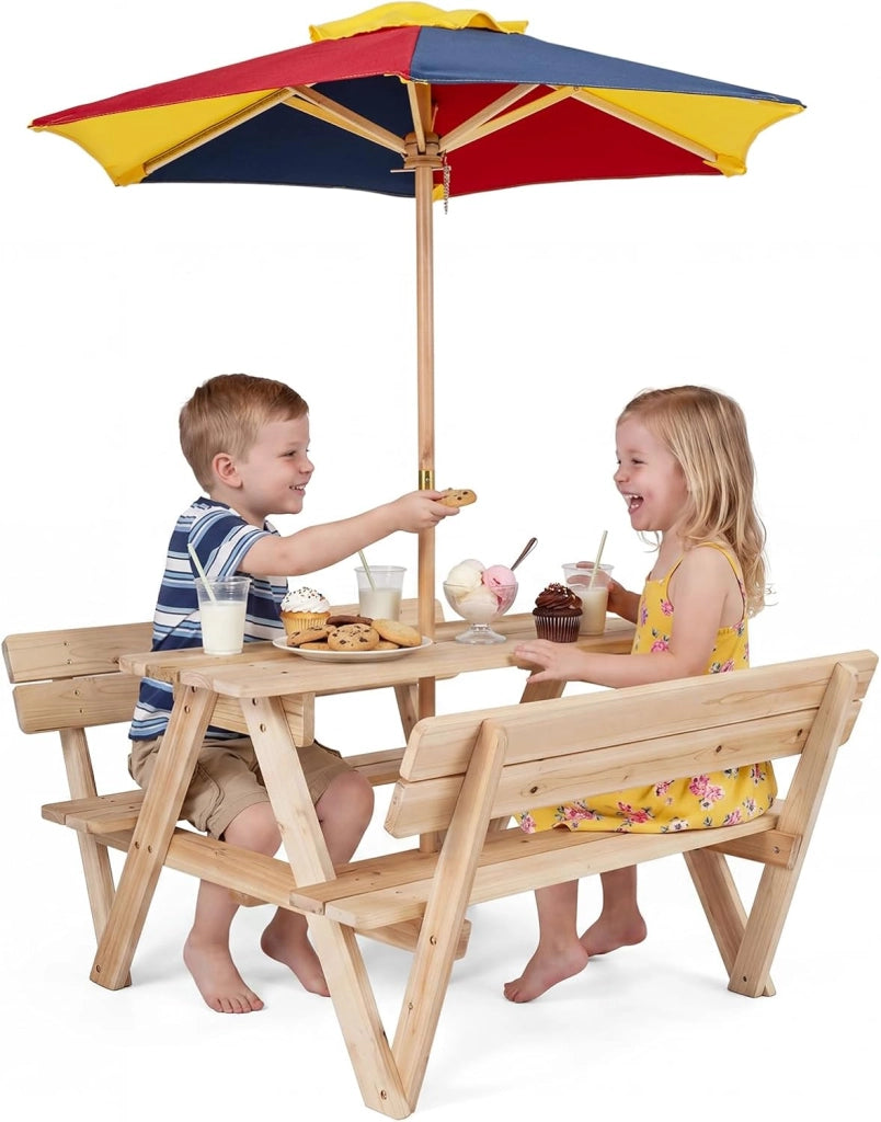 Tavolo da Picnic per Bambini, Set Tavolo e Panche da Giardino con Ombrellone Regolabile in Altezza e Struttura in Legno Massello per Campeggio e Picnic per Bambini 3-8 Anni