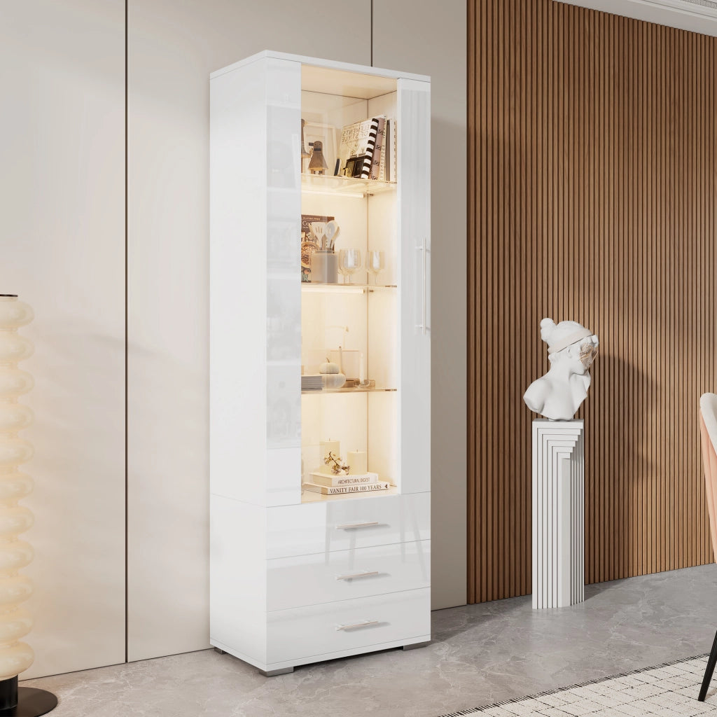 Vetrina con LED da app, 1 anta e 3 cassetti, fronte lucido, per soggiorno, in MDF, bianco, 60 × 35 × 180 cm
