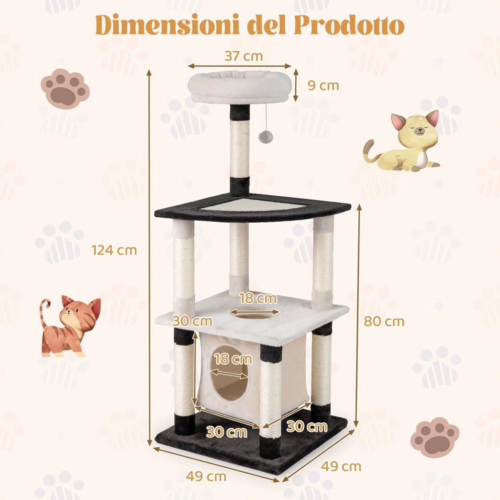 Albero per Gatti, Tiragraffi per Gatti con Tiragraffi in Sisal e Tavole, Piattaforma Arcuata, Posatoio Imbottito in Cima, Condominio con Buco e Piattaforma Arcuata