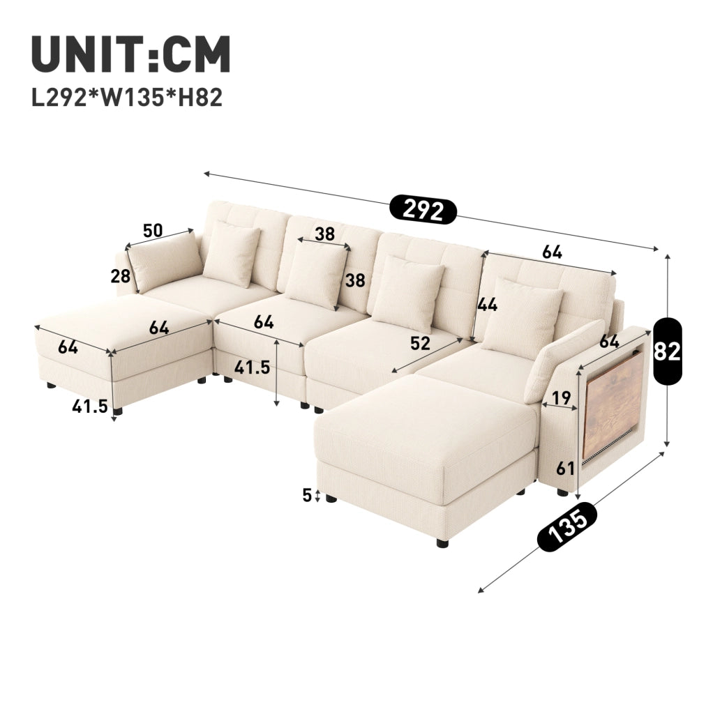 Sofa modulare U/L in chenille beige con LED; 2 pouf mobili e tavolino ribaltabile