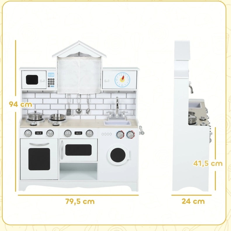 Cucina bambini 79,5x24x94 cm legno bianco con accessori, gioco educativo 3-6 anni –