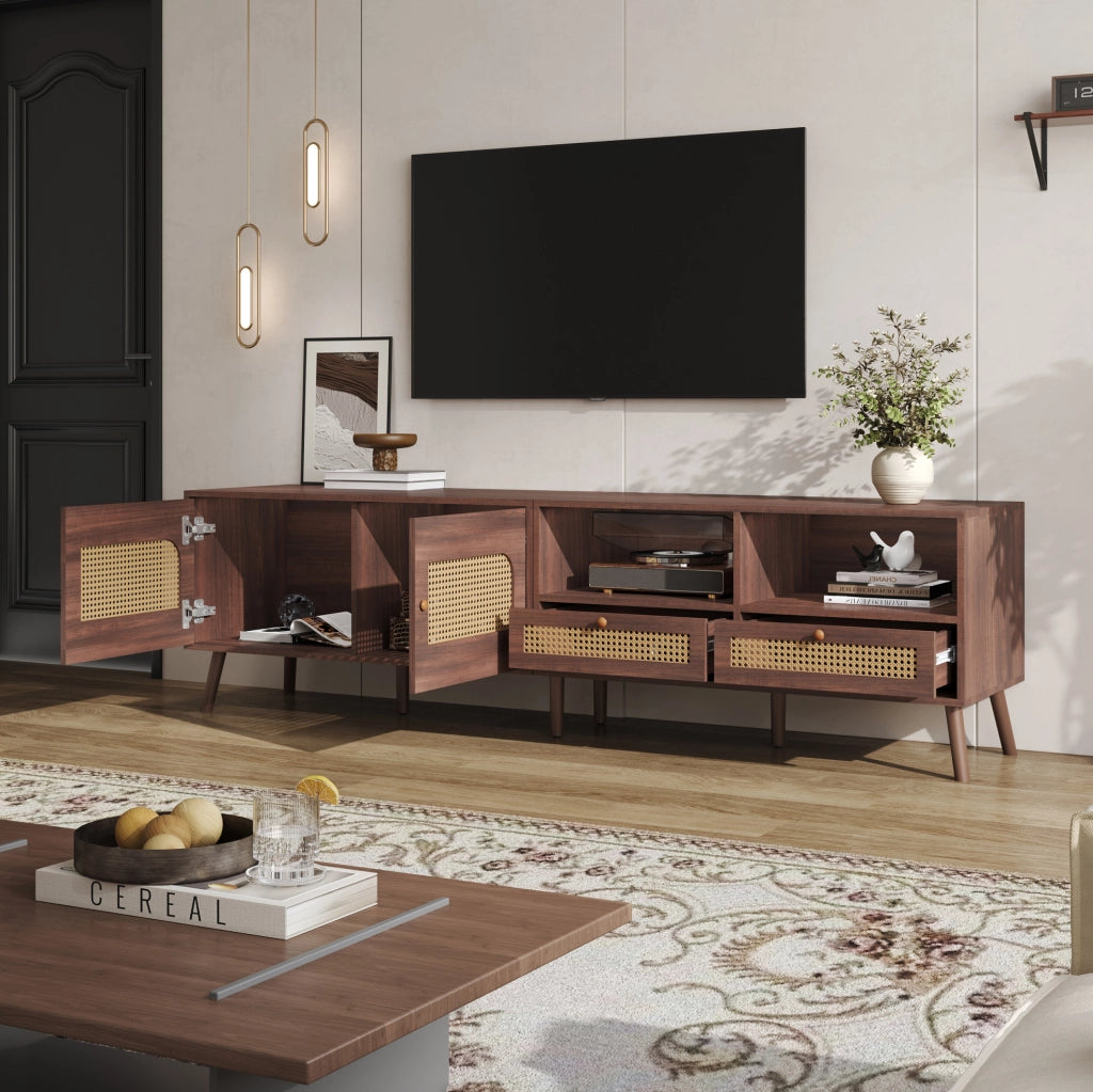 Mobile TV moderno con ante in rattan e 2 cassetti