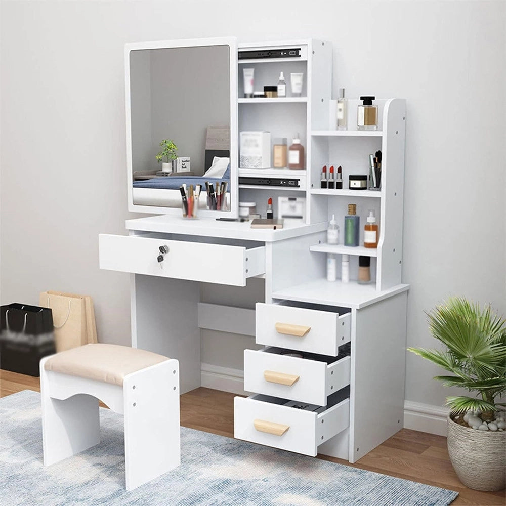 Trade Shop - Set Tavolo Da Toeletta Per Trucco Cosmetici Con Specchio Led Morbido Sgabello Cassetti -