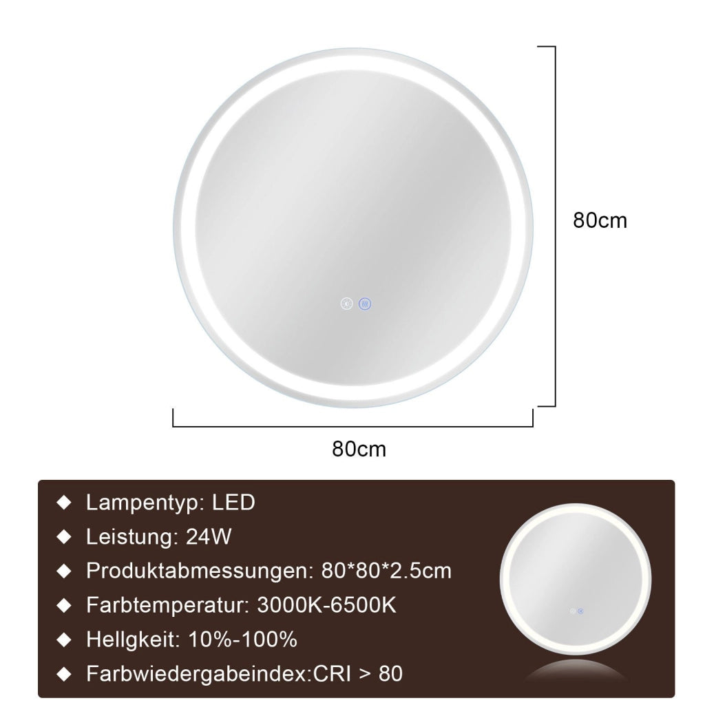 ZMH Specchio da Bagno con Luce LED Rotondo 80 cm con Interruttore Touch e Sensore IP44 Dimmabile 3000-6500K
