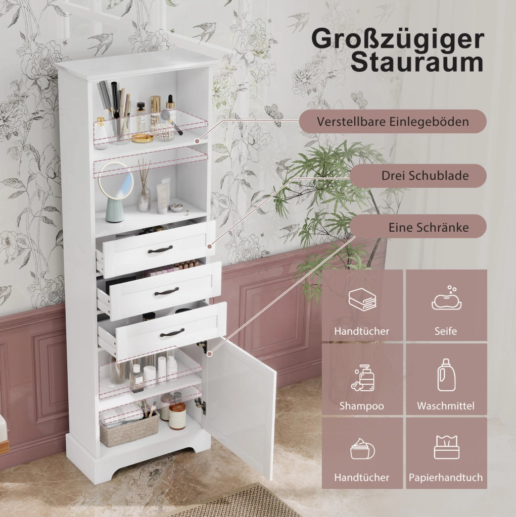 Mobile da bagno in MDF bianco con cassetti e vani aperti