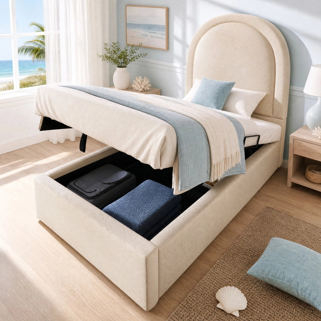 Letto imbottito per bambini 90x200 cm in PU beige con contenitore e rete a sollevamento idraulico