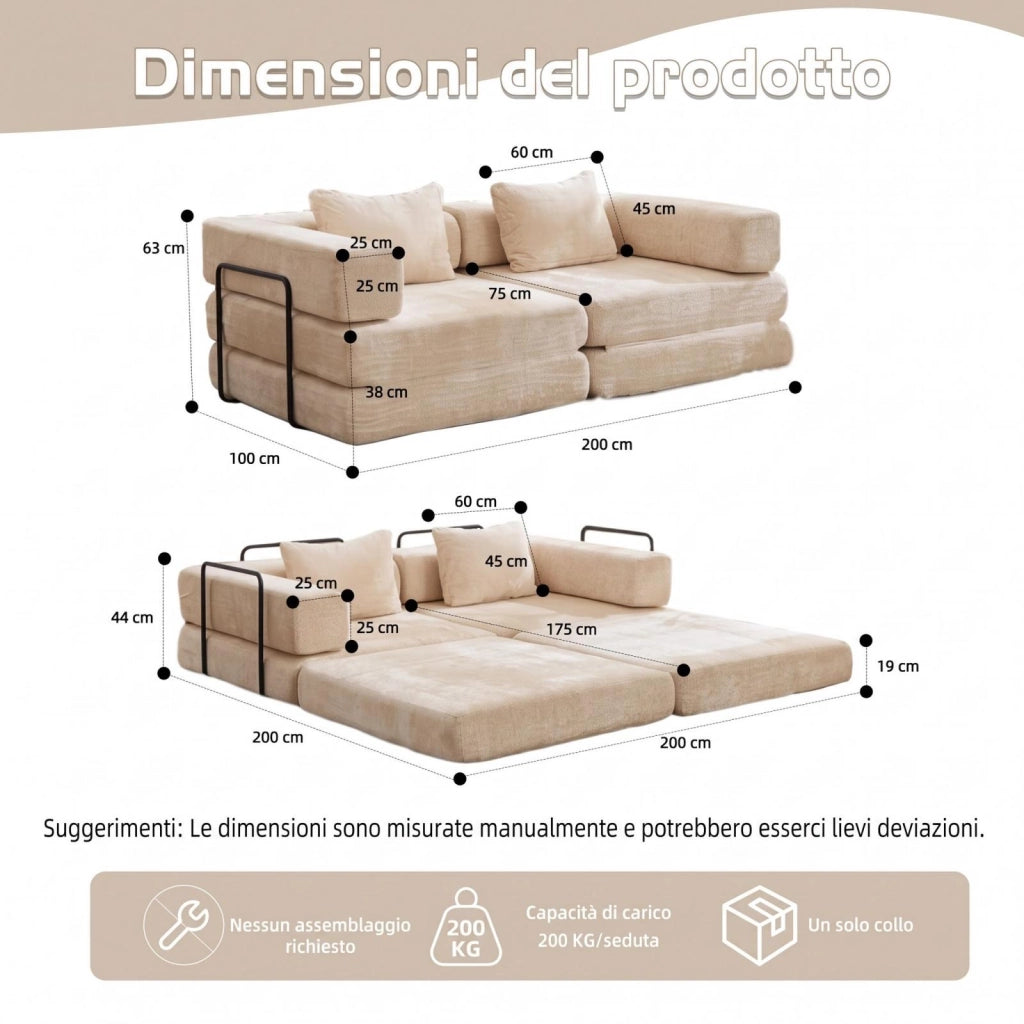 Divano compatto, divano letto pieghevole, moduli senza struttura, tessuto chenille, beige