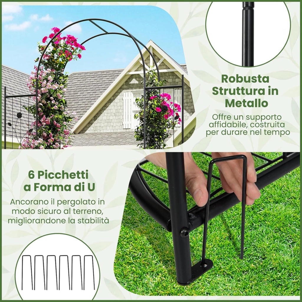 Arco da Giardino 220 cm, Pergolato con Cancello, Ripiani per Piante, Graticci per Rampicanti, Arco in Metallo per Piante Rampicanti da Esterno, Decorazione per Matrimoni e Cerimonie