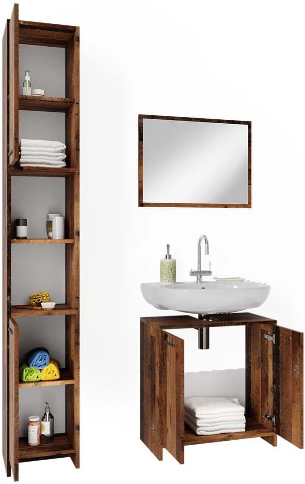 Set mobili bagno Kiko, Rovere rustico, 58 cm, composto da mobile sottolavabo, specchiera e colonna alta
