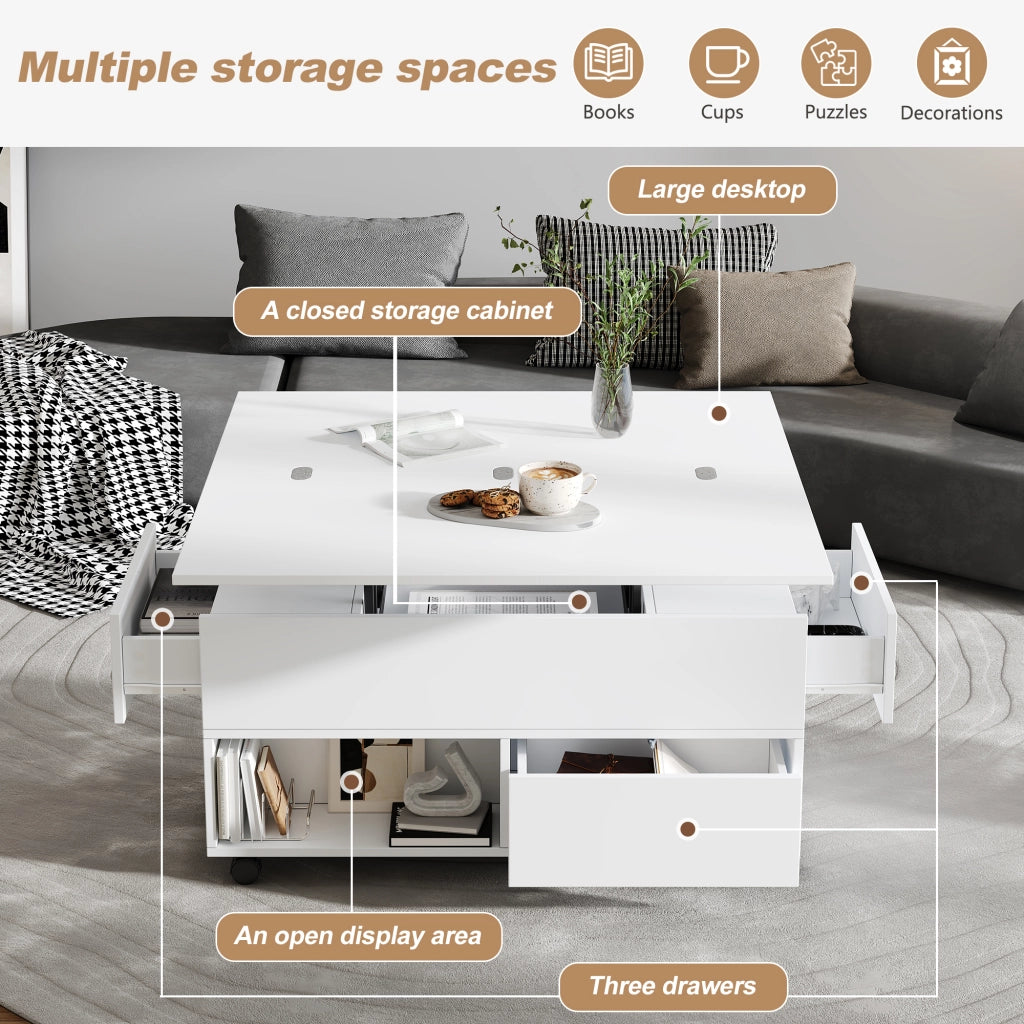 Tavolino basso sollevabile in truciolare con 4 cassetti, 2 vani aperti e rotelle, bianco, 100 × 50 × 52 cm