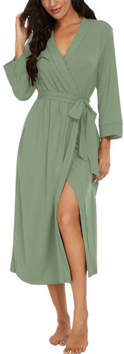Kimono da Bagno con V Collo per Donna in Cotone, Foderato, Lungo, Verde Chlorofilla, Dimensione L