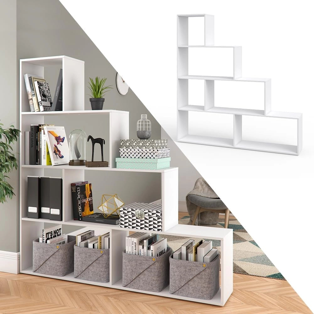Scaffale per scale, Bianco, 163 x 155 cm, utilizzabile come divisorio con ripiani aperti