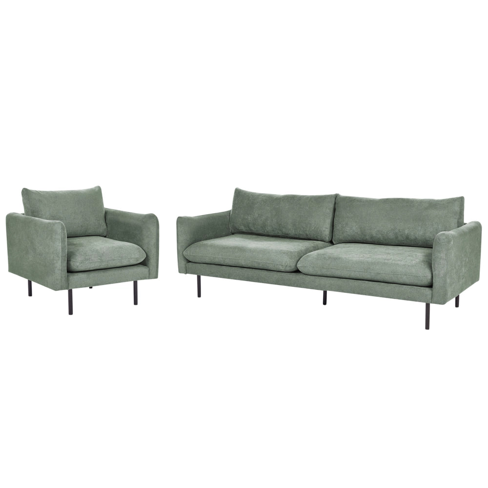 Set da salotto con divano 3 posti e poltrona  imbottita in tessuto ciniglia verde chiaro e gambe nere Stile Retrò Moderno