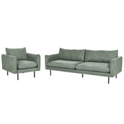 Set da salotto con divano 3 posti e poltrona  imbottita in tessuto ciniglia verde chiaro e gambe nere Stile Retrò Moderno