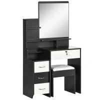 Set Da Toeletta Tavolo Da Trucco Con Sgabello Imbottito Grande Specchio + Più Ripiani Aperti + 4 Cassetti Nero Bianco