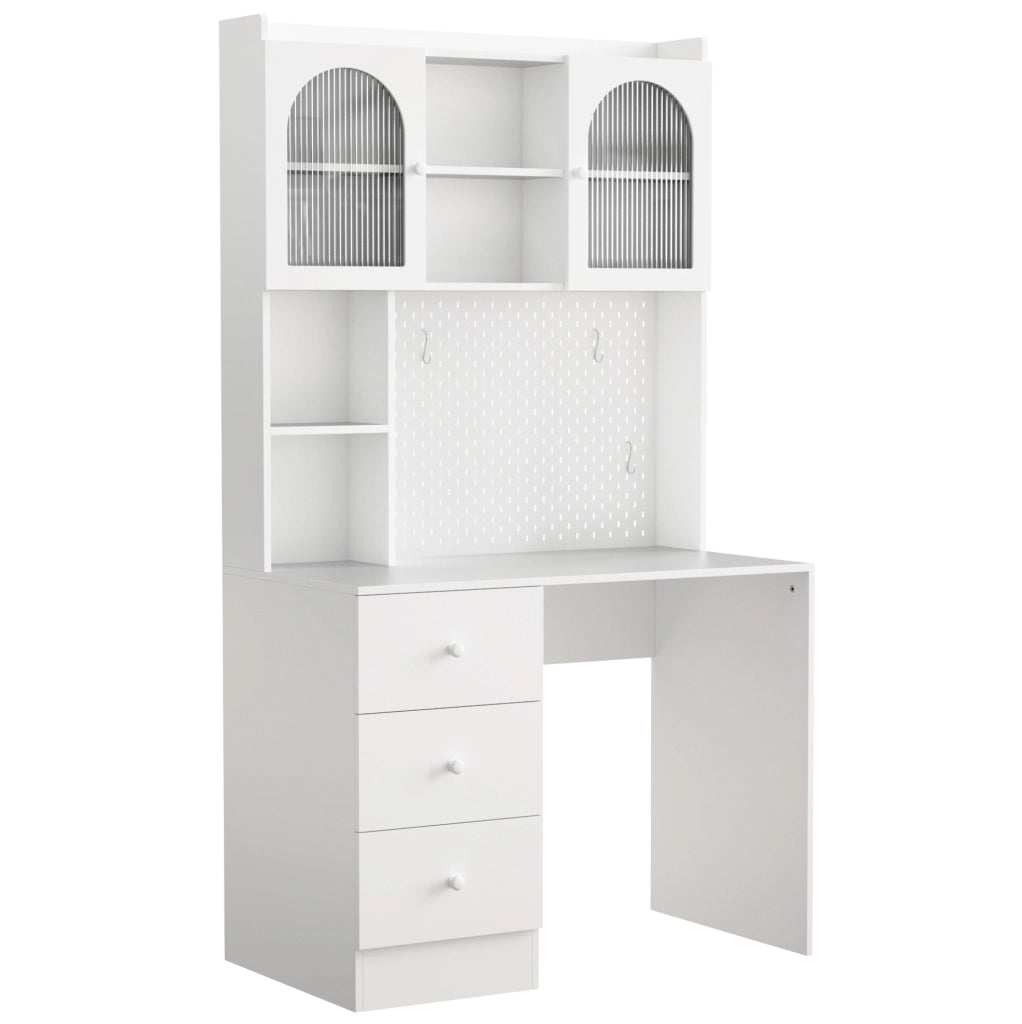 Scrivania 100x55x180 cm bianca in MDF con 3 cassetti e libreria