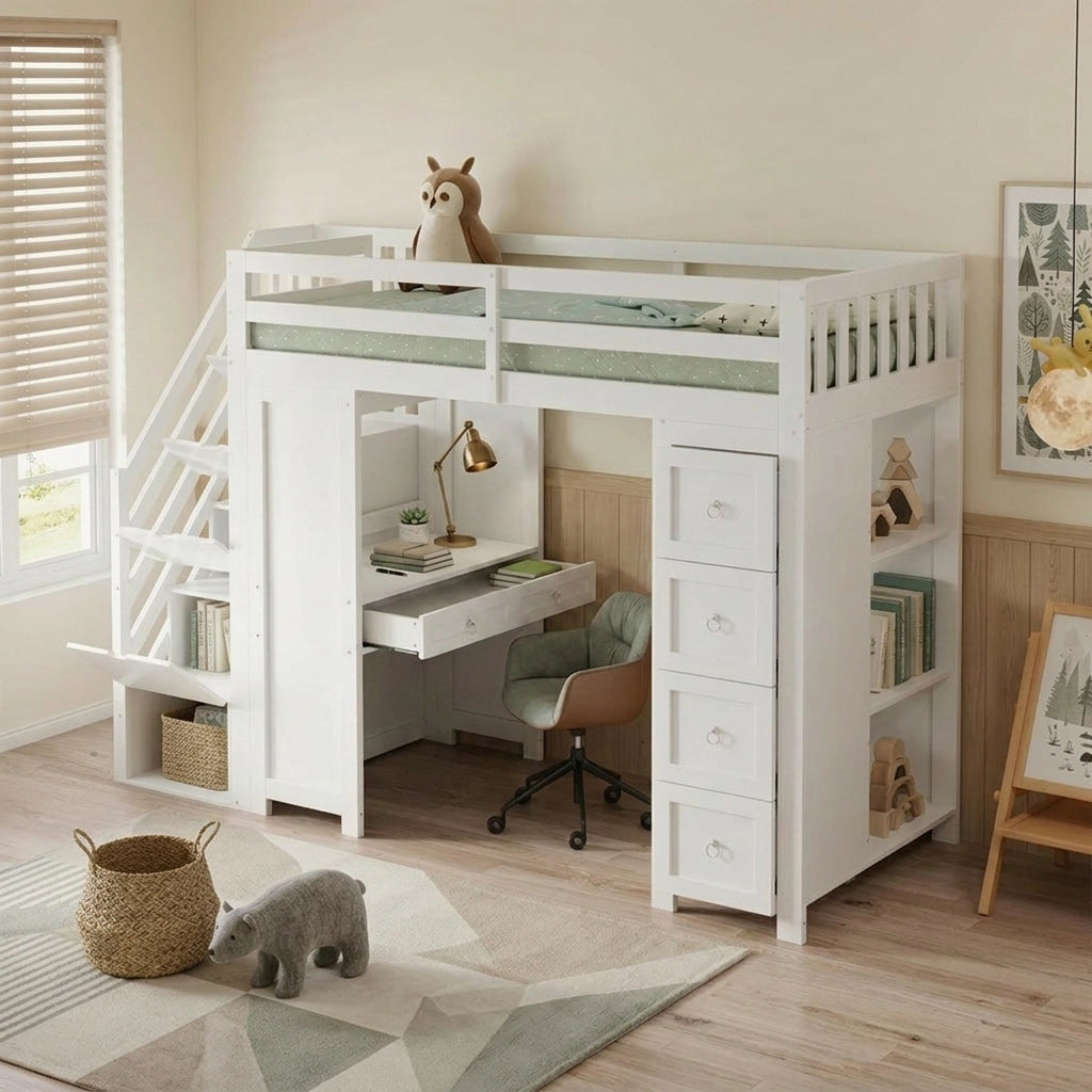 LETTO a soppalco multifunzione 90x200 cm bianco con scrivania e cassetti
