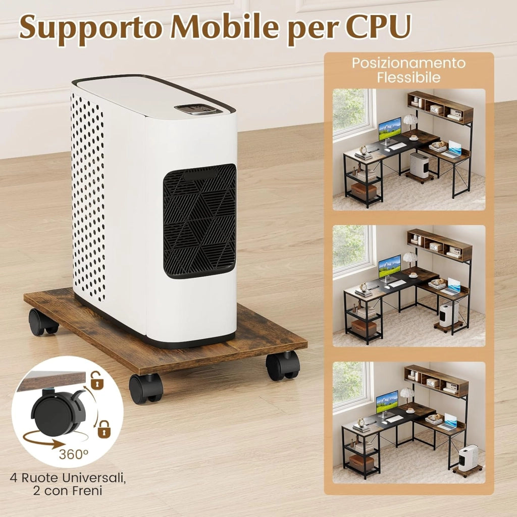 Scrivania Angolare con Stazione di Ricarica, Scrivania ad Angolo Salvaspazio con Scomparti, Ripiani e Supporto CPU Mobile, Postazione di Lavoro Gaming Reversibile per Casa e Ufficio