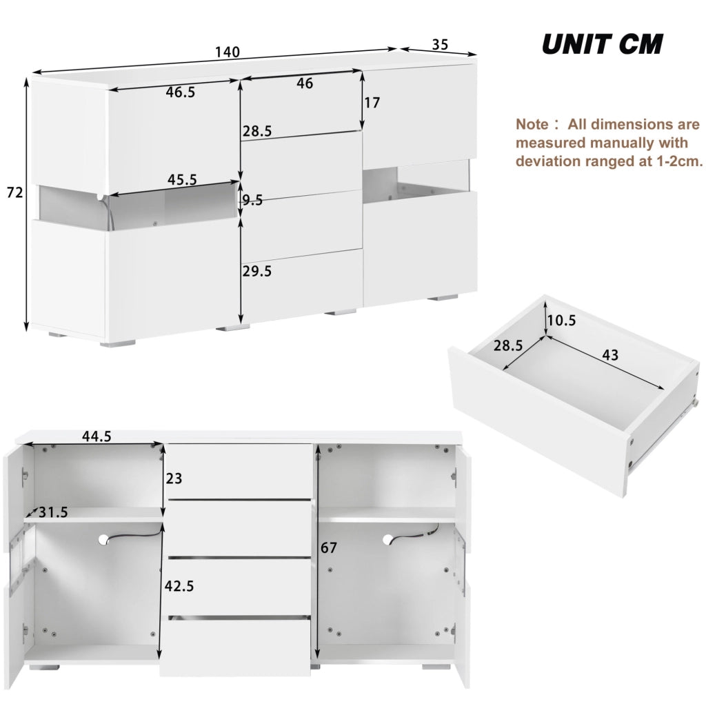 Credenza 140x35x72 cm bianca in MDF, 4 cassetti e LED controllati da app
