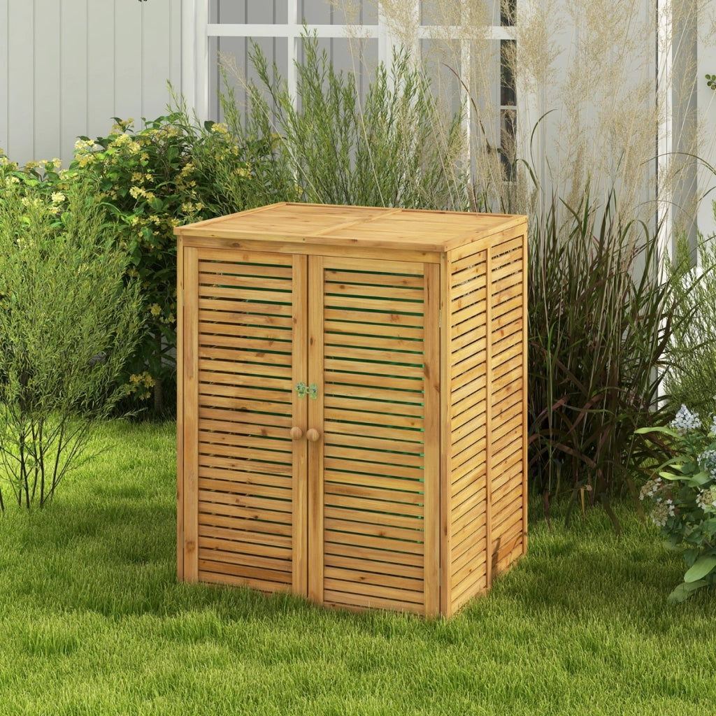 Casetta per bidone della spazzatura in legno da 120L, Rifugio esterno per contenitore rifiuti con coperchio apribile Naturale-Casette da giardino