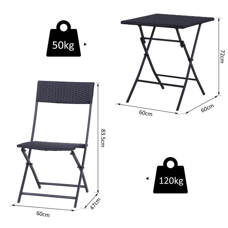 SET CON TAVOLINO E 2 SEDIE DA GIARDINO PIEGHEVOLI IN RATTAN COLORE NERO