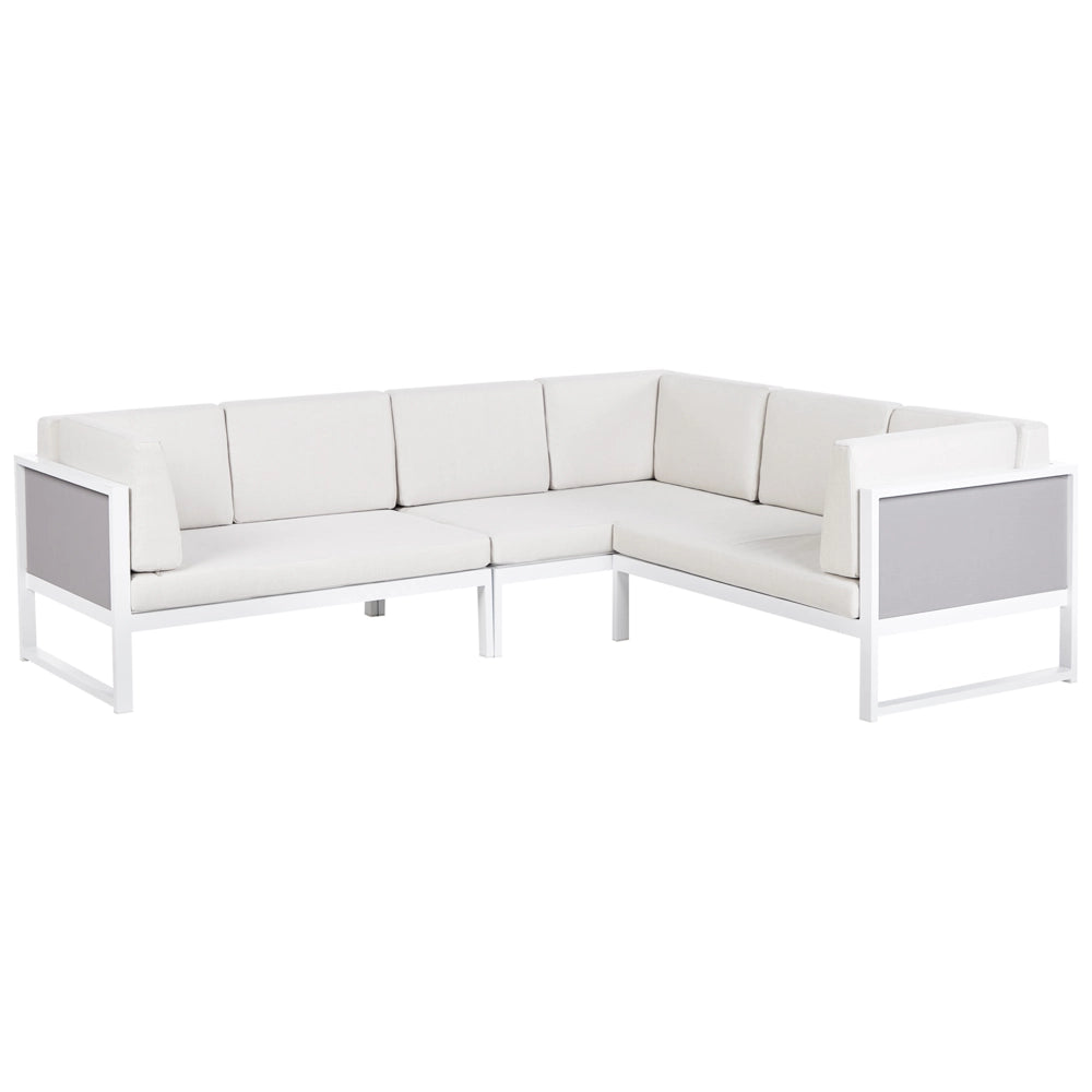 Set da salotto da giardino con tavolino bianco in alluminio bianco sporco con cuscini e tavolino stile moderno esterno