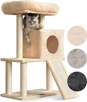 Cat tree piccolo/medio (83 cm), con corda in fibra di sisal e inclinazione in 3 colori, con cuscino di peluche e gatto in peluche