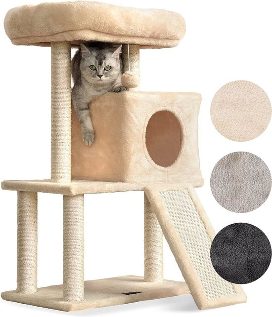 Cat tree piccolo/medio (83 cm), con corda in fibra di sisal e inclinazione in 3 colori, con cuscino di peluche e gatto in peluche