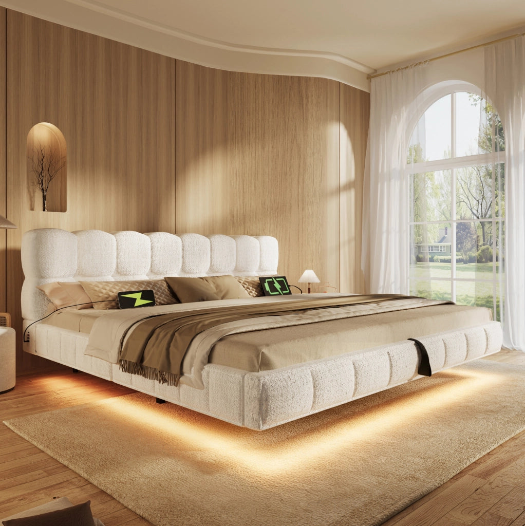 Letto matrimoniale contenitore 160x200 cm con LED e prese USB/Type-C in chenille beige
