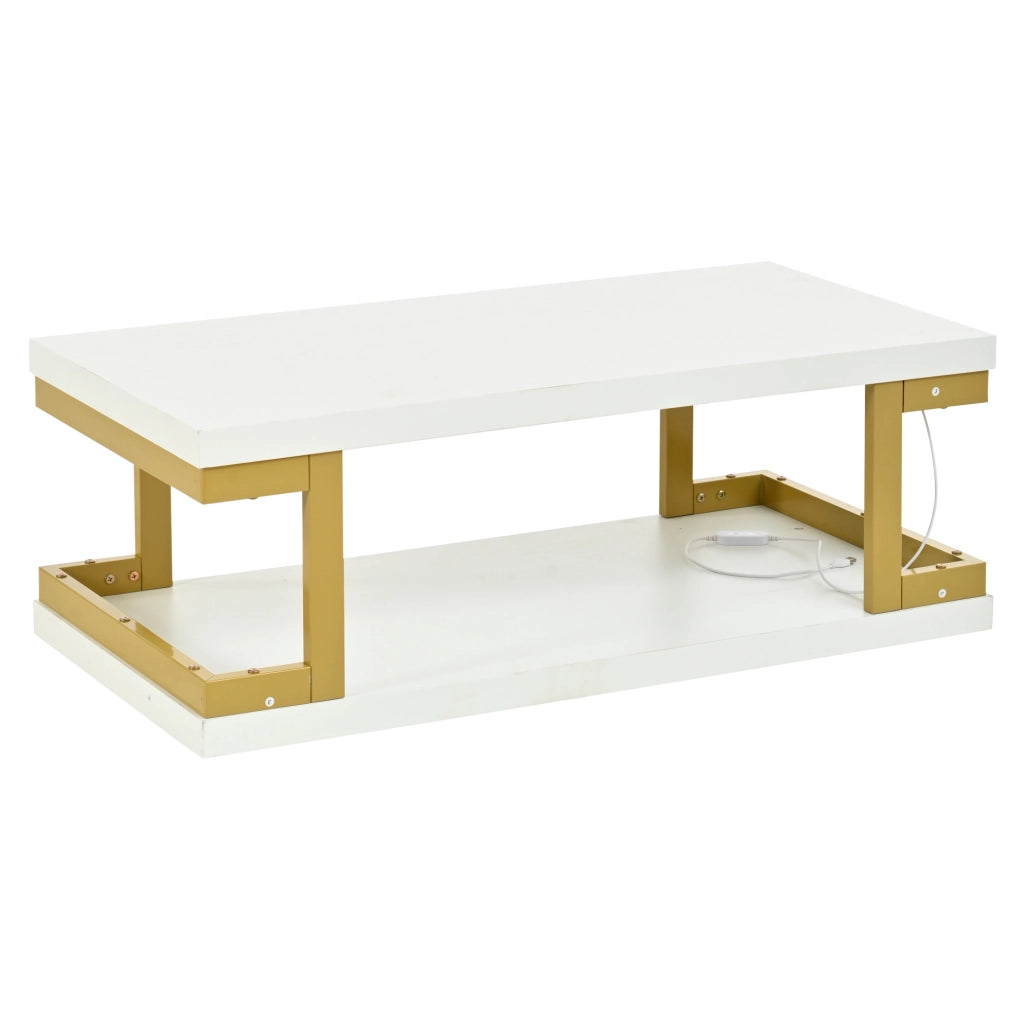 Tavolino da caffè rettangolare 100x50x37;5 cm bianco e oro con LED; MDF e metallo