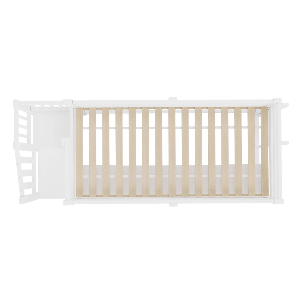 Letto a soppalco 90x200 cm con scala contenitore e LED in legno bianco