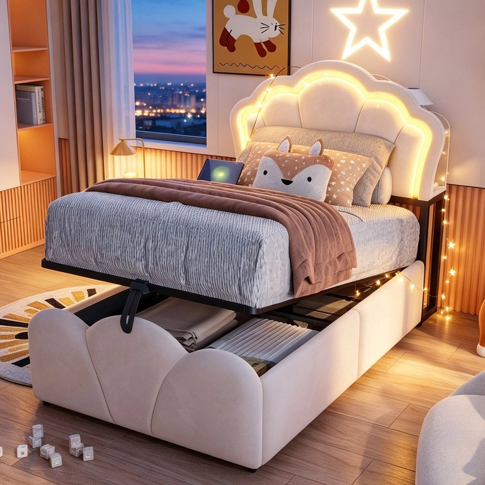 Letto imbottito contenitore ¨C Minimal ¨C Beige velluto 90x200cm con LED idraulico testiera con scomparti e prese integrate