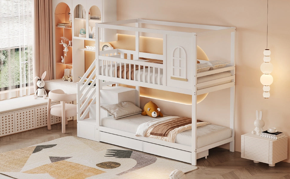 Letto a castello funzionale in legno bianco 90x200 cm