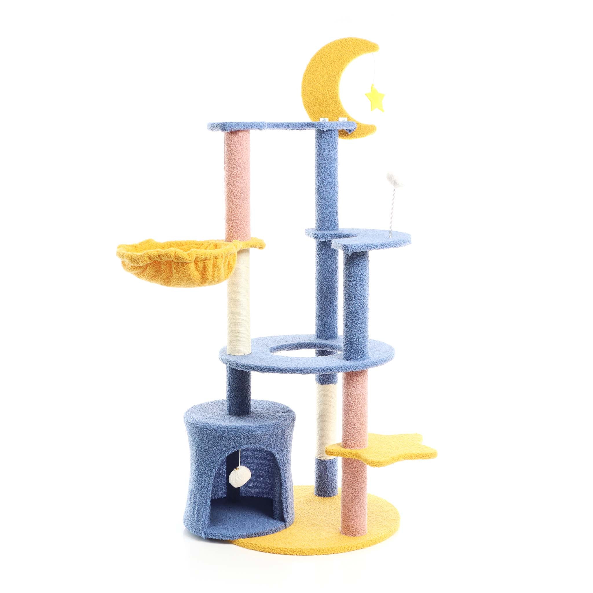 Fudajo Albero tiragraffi con luna e stelle 132cm blu e giallo Con casetta per gatti e sisal
