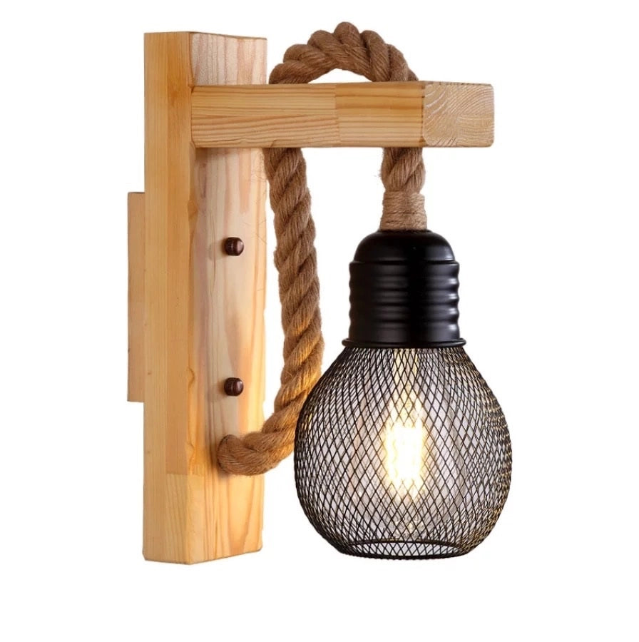 Applique lampada da parete in legno e corda di canapa E27 stile classico country