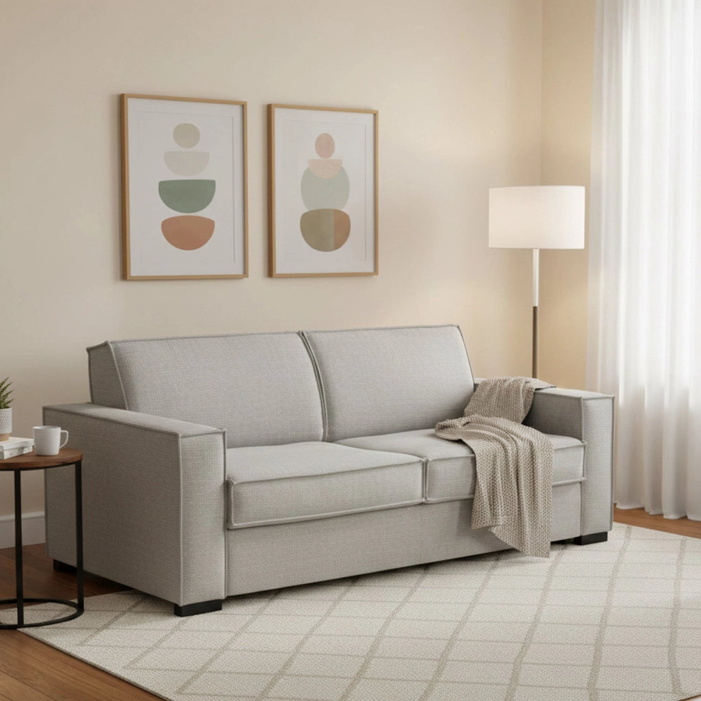 Divano Letto Alisa, Divano a 2 posti Large, Made in Italy, SofÒ  Soggiorno con apertura girevole, in tessuto imbottito, con Braccioli slim, cm 180x95h90, Grigio