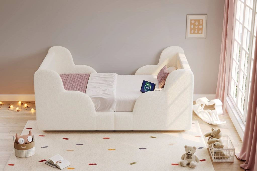 Letto per bambini 90 × 200 cm con sponde imbottite, luce notturna, porte USB e Type-C, senza materasso, beige