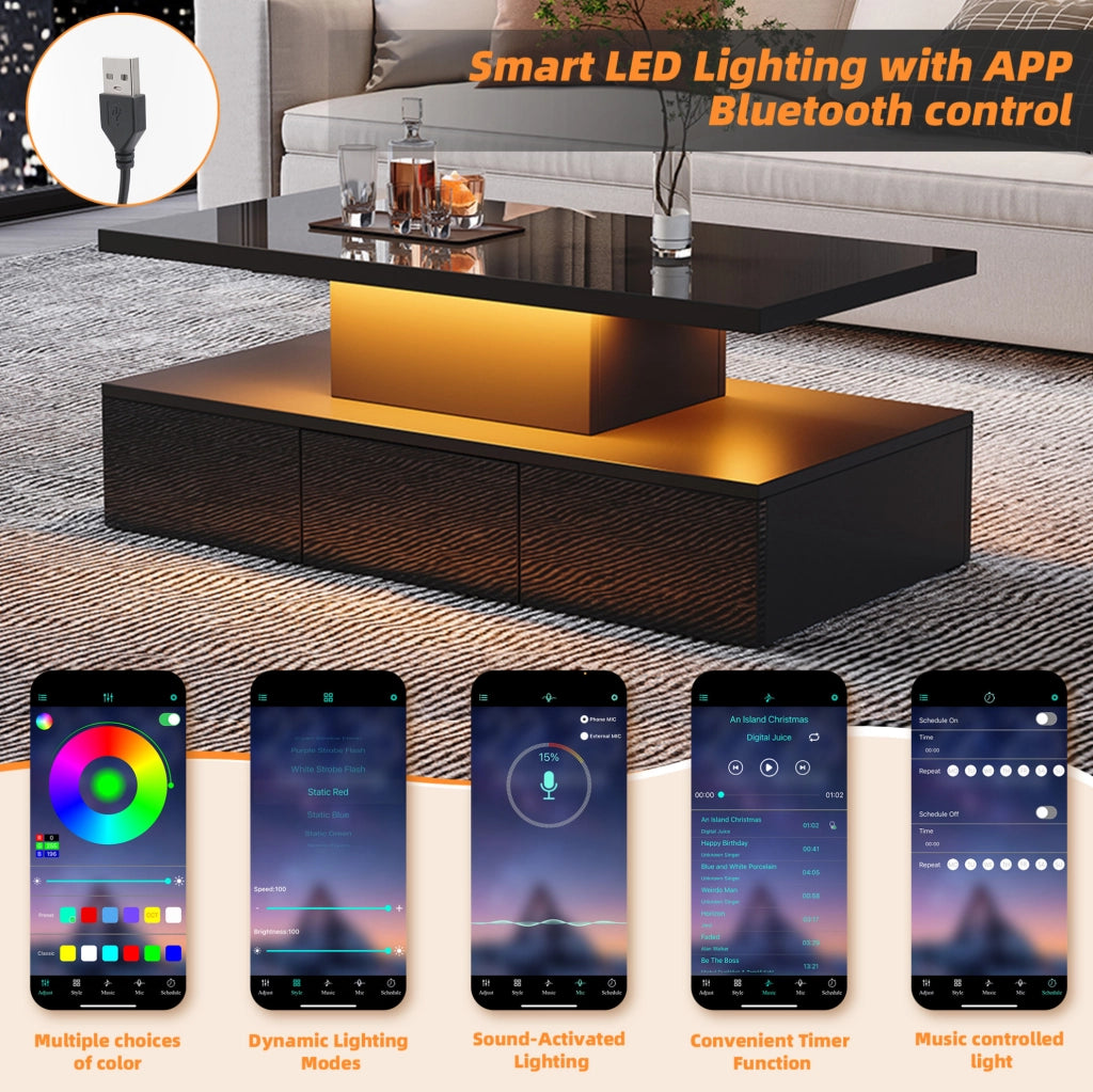 Tavolino da salotto moderno nero 100 x 50 x 39 cm con LED dimmerabile e spazio contenitivo