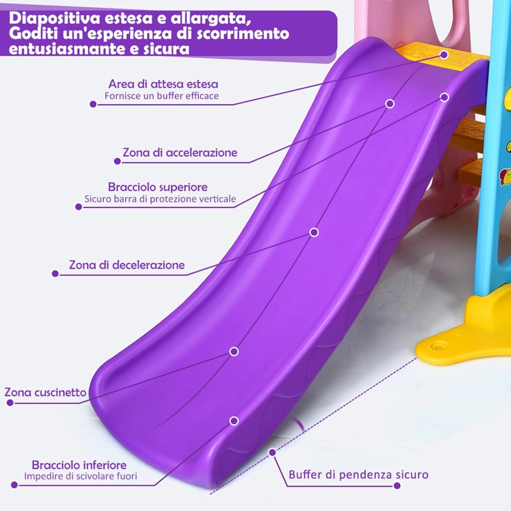 Parco Giochi 6 in 1 Multi Giochi da Giardino, con Altalena e Scivolo, Pallacanestro e Porta da Calcio, 209x174x115 cm, per Bambini 3-8 Anni (Viola)