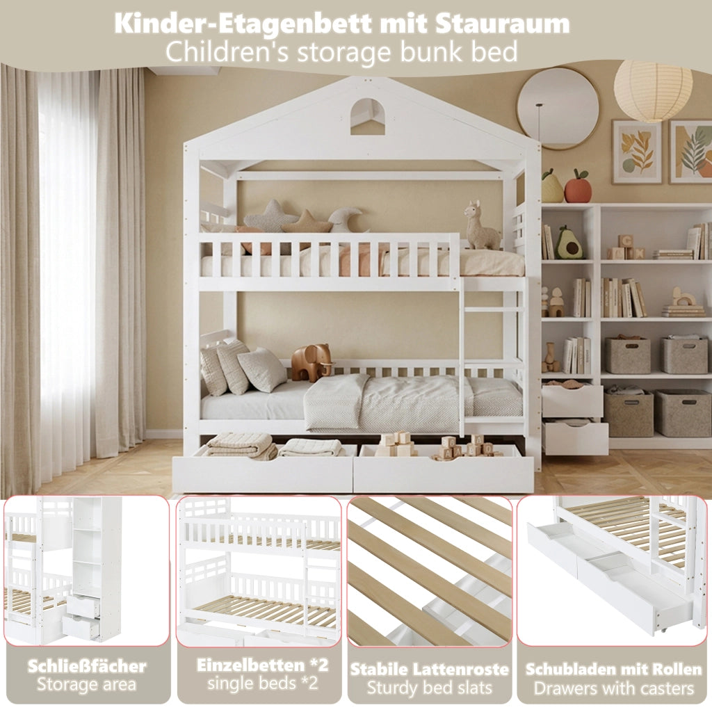 Letto a castello a casetta 90x200 cm bianco con scala; cassetti e scaffale