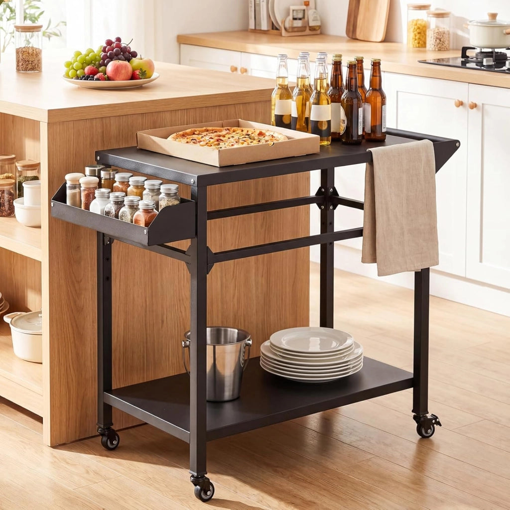 Carrello per Barbecue con 4 Ruote, Carrello Cucina da Esterno per BBQ in Metallo con Portaspezie, Portasciugamani e Ripiano Portaoggetti Inferiore, per Giardino e Terrazza, 100 x 80 x 45 cm