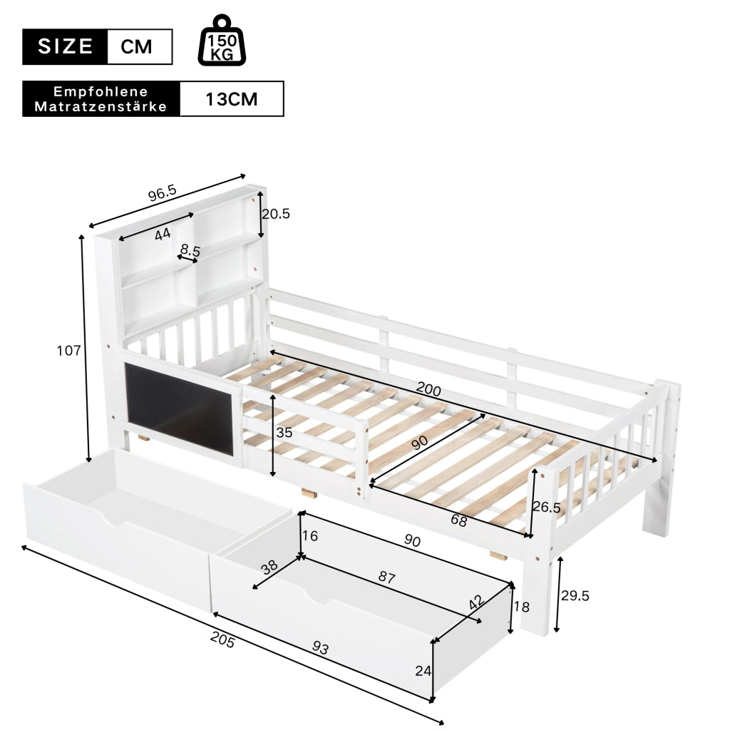 Letto per bambini bianco con funzione lavagna e cassetti in legno massello e MDF 90x200 cm