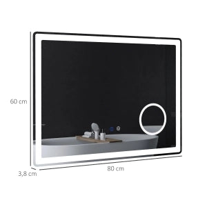 Specchio da bagno LED con ingrandimento 3x, touch, 3 tonalità luce, antifog, bianco