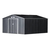 Casetta da Giardino 12.4m² con Fondazione, 4 Prese d'Aria e 2 Porte Scorrevoli, Capanno Porta Attrezzi in Lamiera d'Acciaio, 340x386x200 cm, Giallo