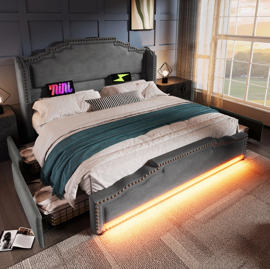 Letto matrimoniale 180x200 con 4 cassetti, LED e porte USB-C