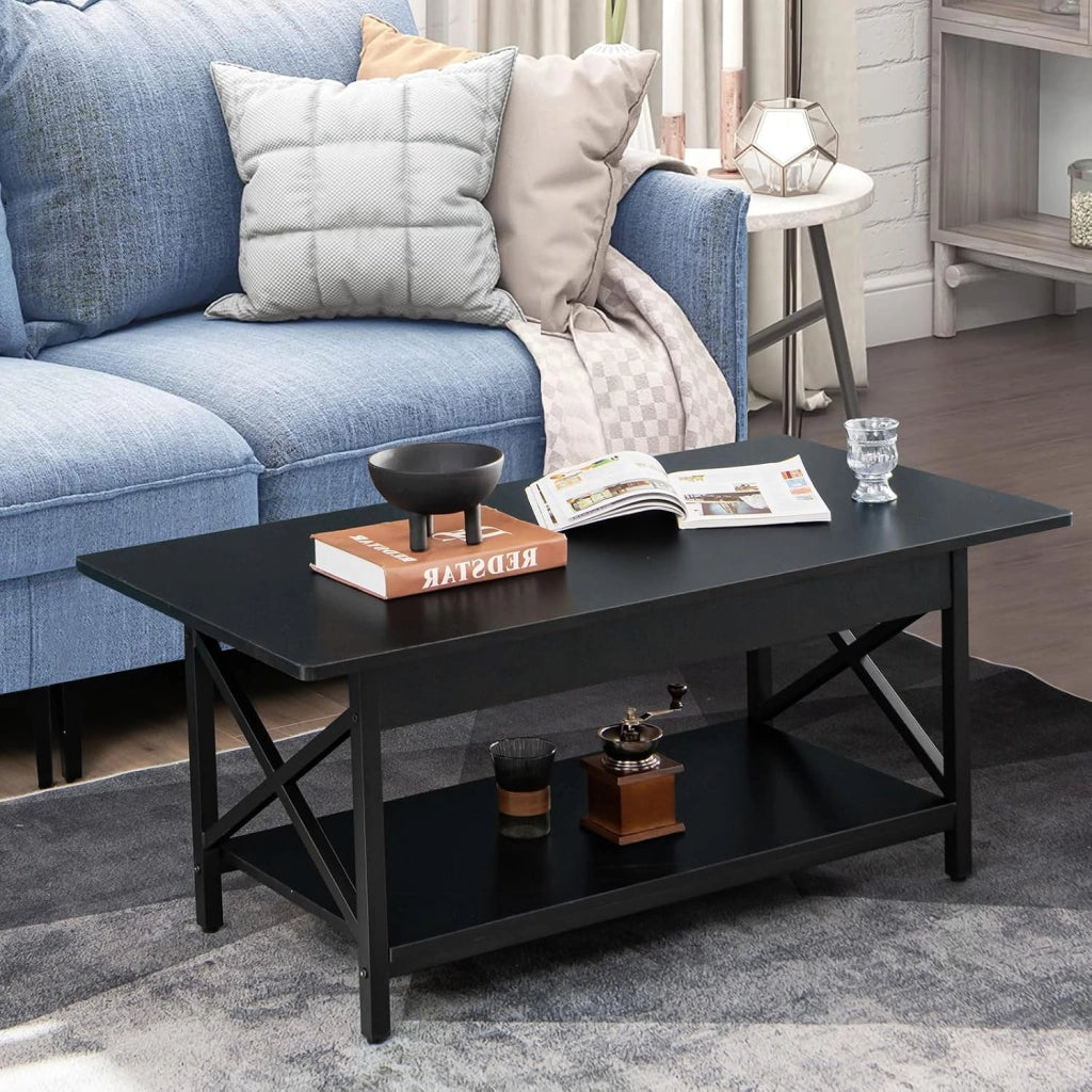 Tavolino da Salotto 2 Livelli, Tavolino da Caffè Industriale con Struttura in Metallo a Forma di X, Tavolino Rettangolare per Soggiorno, Studio e Ufficio, 60 x 110 x 48 cm (Nero)